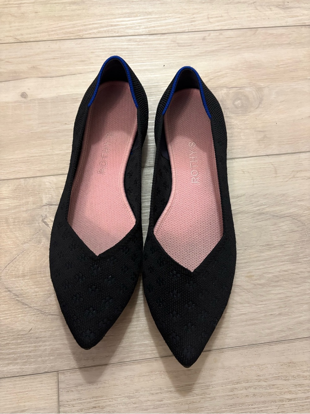 Rothy's Black Pointed Knit Flats with Pink Insoles and Blue Trim
